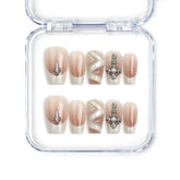 Naillover Singapore handmade medium coffin press on nails in beige with crystal studs and zigzag details